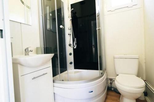 ein Bad mit einer Dusche, einem WC und einem Waschbecken in der Unterkunft Holiday house for 4 people, pool, sauna, Ustronie in Ustronie Morskie