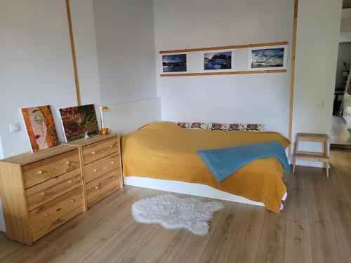 a bedroom with a bed and a wooden dresser at Studio Cozy Grant in Bucharest