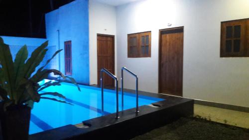 a swimming pool with blue walls and a potted plant at Big House Udawalawe in Udawalawe