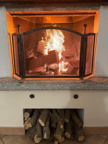 a fire in a fireplace with logs in it at IL Sole in Caselle Torinese