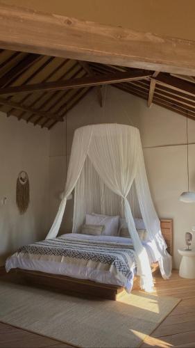 a bedroom with a bed with a mosquito net at Modjo Apartment Bingin in Uluwatu