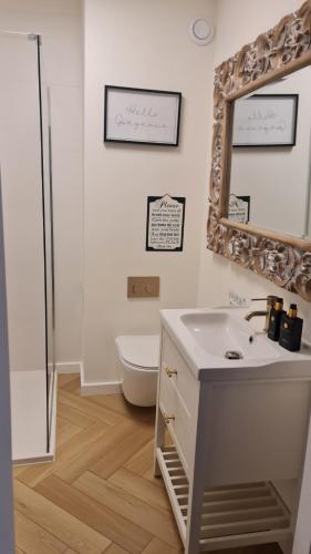 W łazience znajduje się umywalka, lustro i toaleta. w obiekcie Apartament Międzyzdroje 2 osoby - Centrum Międzyzdrojów w mieście Międzyzdroje