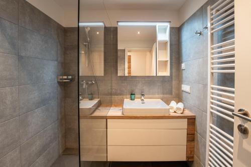 ein Bad mit einem Waschbecken und einer Dusche in der Unterkunft Apartment Ski&Nature "Fanningberg" in Mauterndorf