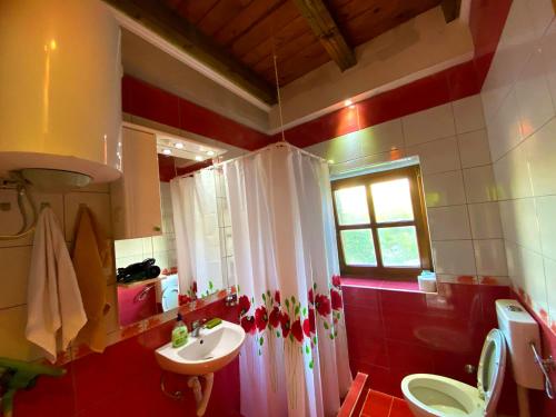 baño con lavabo y aseo y ventana en Apartman LENNA en Trebinje