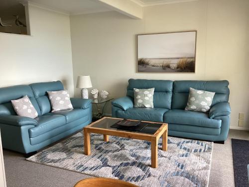 a living room with two blue couches and a coffee table at Spectacular Views, Convenient, Affordable - KK17129 in Kaikoura
