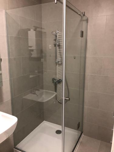 a shower with a glass door in a bathroom at Apartman ZABOK CENTAR in Zabok