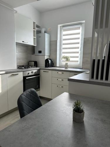 a kitchen with a table and chairs and a window at Luxury Apartments and Studios Boulevard G Enescu Suceava in Suceava
