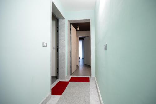 a hallway with a red rug and a red carpet at Porta Nuova Luxury Apartments in Turin