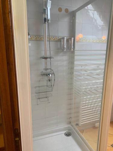 a shower with a glass door in a bathroom at Holistica - Bien être in Saint-Fargeau