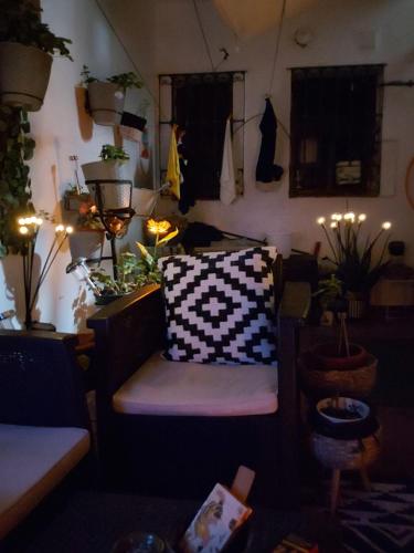 una habitación con sofá y algunas plantas y luces en Casa de Ciss, en Madrid