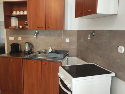 a kitchen with a sink and a counter top at Váralja Vendégház Tata in Tata