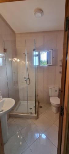 La salle de bains est pourvue d'une douche et de toilettes. dans l'établissement Agreable appartement dans une résidence calme sécurisée, à Harhoura