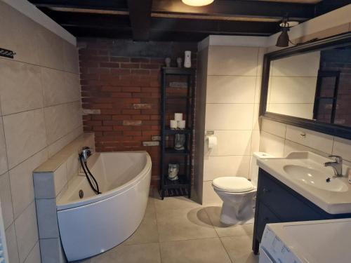 ein Badezimmer mit einer Badewanne, einem Waschbecken und einem WC in der Unterkunft Loft Hiellego in Żyrardów