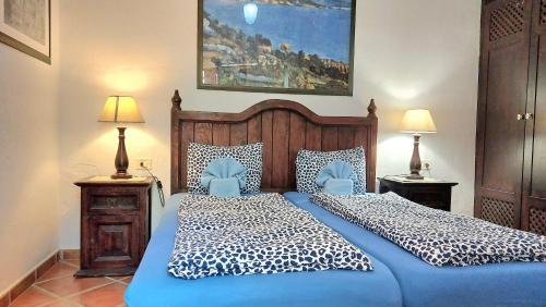 a bedroom with a blue bed with a blue comforter at Aptos Monasterio de San Antonio 2 in Icod de los Vinos
