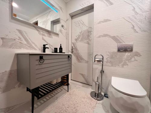 ein Bad mit einem Waschbecken und einem WC in der Unterkunft Amazing Luxury 4 BR Apt 200m2 at Fenerbahçe, Best Location in Istanbul