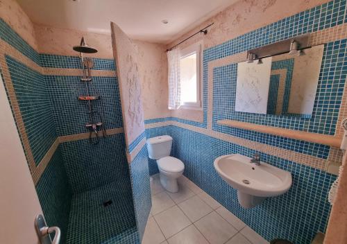 a bathroom with a toilet and a shower and a sink at CORSACASA Villa in Palombaggia sea view in Porto-Vecchio