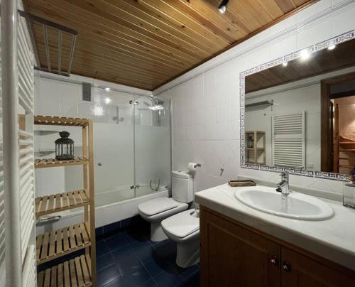 uma casa de banho com um lavatório, um WC e um espelho. em BPIRINEOS-Gorgütes em Benasque