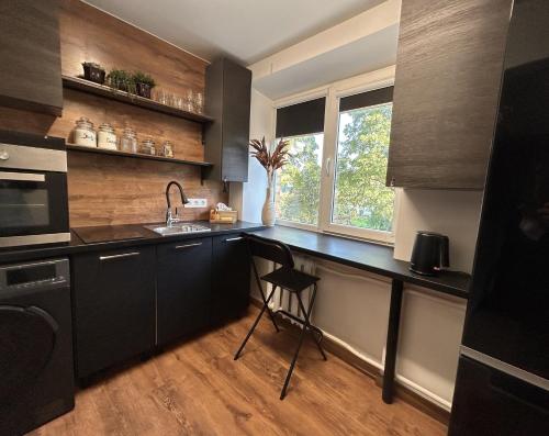 a kitchen with black cabinets and a sink and a window at OzolApart in Jēkabpils