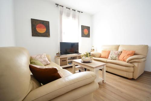 sala de estar con 2 sofás y TV en Casa Los Manolos en Vilanova de Arousa, en Villanueva de Arosa