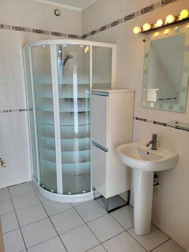 une salle de bain avec douche et lavabo dans l'établissement Les 3 mésanges, à Saint-Germain-sur-Ay