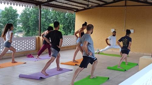a group of people in a yoga class at L S Haveli in Pushkar