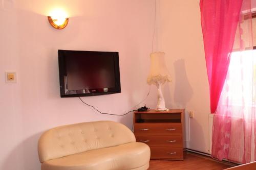 ein Wohnzimmer mit einem Stuhl und einem Flachbild-TV in der Unterkunft Casa Dănuț in Reşiţa