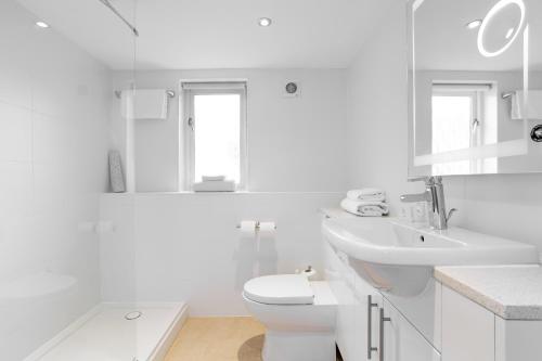 a white bathroom with a toilet and a sink at Woodford Bridge Country Club in Milton Damerel