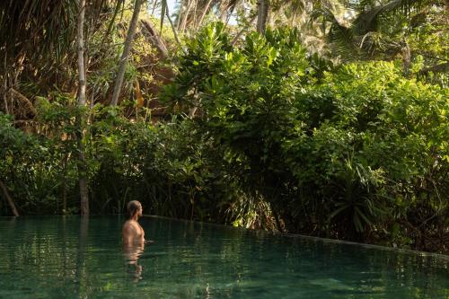 um homem parado numa piscina de água na selva em Sama Kosgoda - A Santani Retreat em Kosgoda