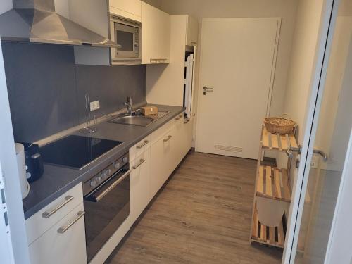 a small kitchen with a sink and a stove at Der Landhof Wolgast in Stolpe auf Usedom