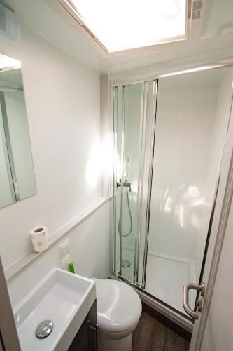 a bathroom with a toilet and a glass shower at Hausboot in Hennigsdorf