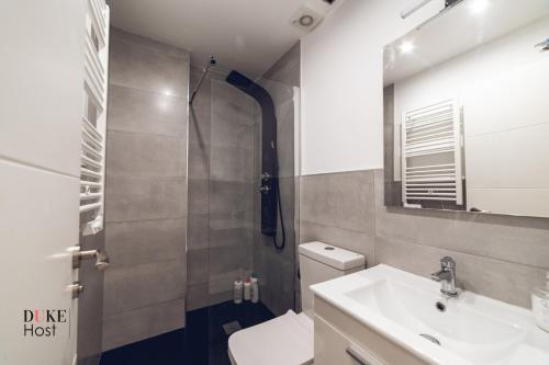 a bathroom with a shower and a toilet and a sink at Santa Maria de la cabeza Apartments in Madrid