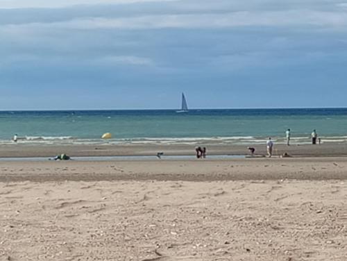 a group of people on a beach with the ocean at Chambre avec salle d'eau privative in Dunkerque