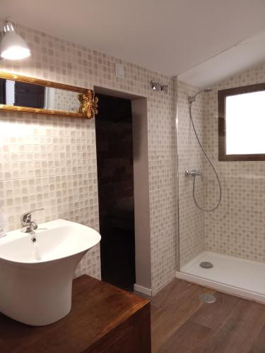 a bathroom with a sink and a shower at Apartamentos "Casa Melé" 3 in Lleida