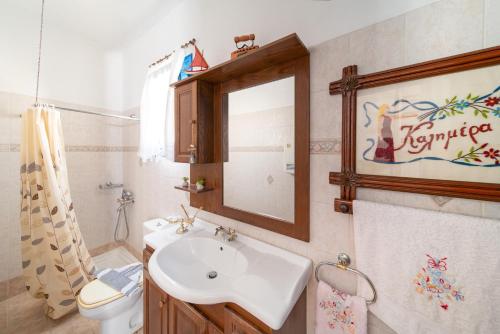 W łazience znajduje się umywalka, toaleta i lustro. w obiekcie Irene's house w mieście Lakhania