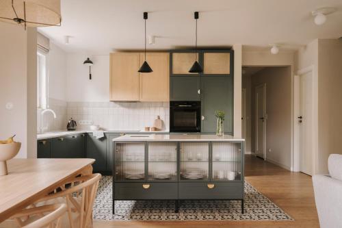 a kitchen with green cabinets and a counter with dishes at Villa Saltic in Grzybowo