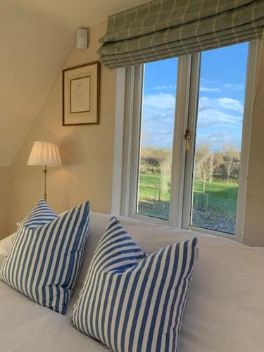 a bed with two blue and white pillows and a window at Annexe near Malmesbury / Tetbury in Hankerton