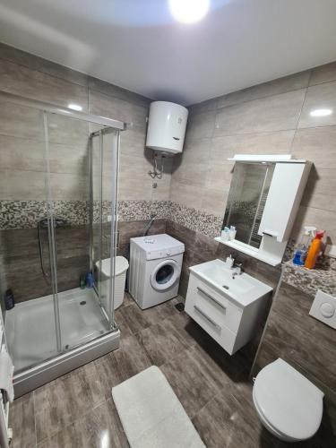 a bathroom with a shower toilet and a sink at Apartman CRYSTAL in Brčko