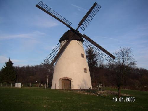a large windmill in a field with a sky at Zur Windmühle Restaurant - Hotel in Beckum