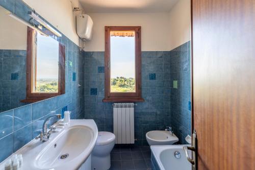 een blauw betegelde badkamer met een wastafel en een toilet bij BORGO SMOL in Chianni