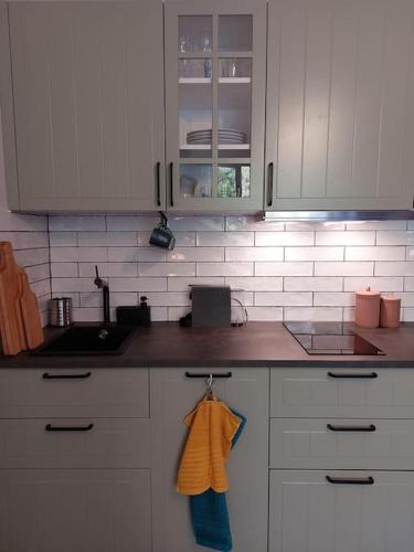 a kitchen with white cabinets and a counter top at Mountain Lodge Studio Forset View in Szklarska Poręba