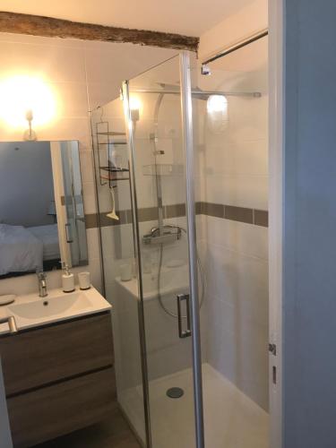 uma casa de banho com uma cabina de duche em vidro e um lavatório. em L Ostalada em Roquefort-des-Corbières
