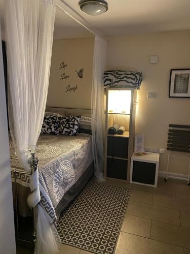 a bedroom with a bed with curtains and a window at Grangemill Garden Annex in Forest Hill