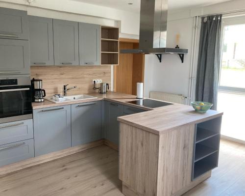 a kitchen with gray cabinets and a counter top at 2 P. Appartement am Kurpark in Bad Driburg