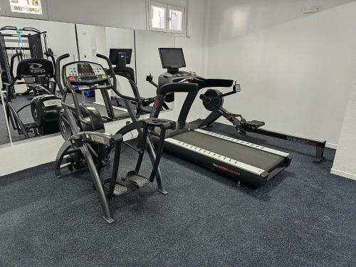 a gym with several exercise bikes and a treadmill at Meltemi Excelsior Suites in Perissa