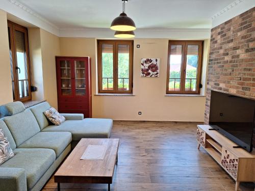 Vila Trate في Križevci pri Ljutomeru: غرفة معيشة مع أريكة وتلفزيون