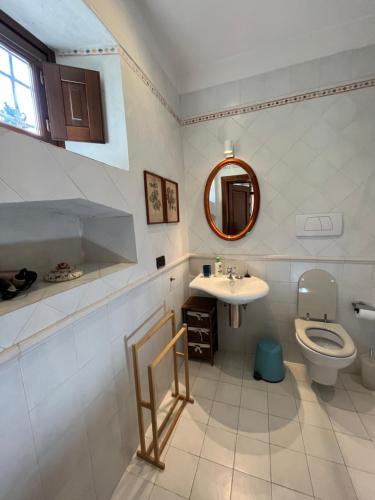 een badkamer met een wastafel, een toilet en een spiegel bij Casa Aurora a Torregalli in Florence