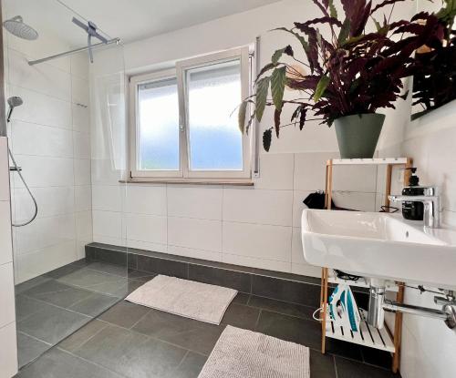 baño con lavabo y ventana en Penthouse Outlet Metzingen, en Metzingen