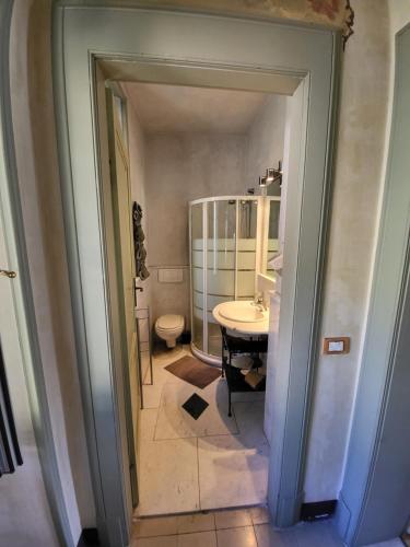 bagno con lavandino, servizi igienici e specchio di Bed & Breakfast Villa Palma a Lovere