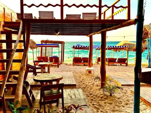 a beach with chairs and tables and the ocean at B & B MAGGY_BEACH in Playa Blanca