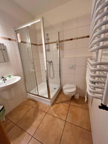 a bathroom with a shower and a toilet and a sink at Hotel Radzewice in Radzewice